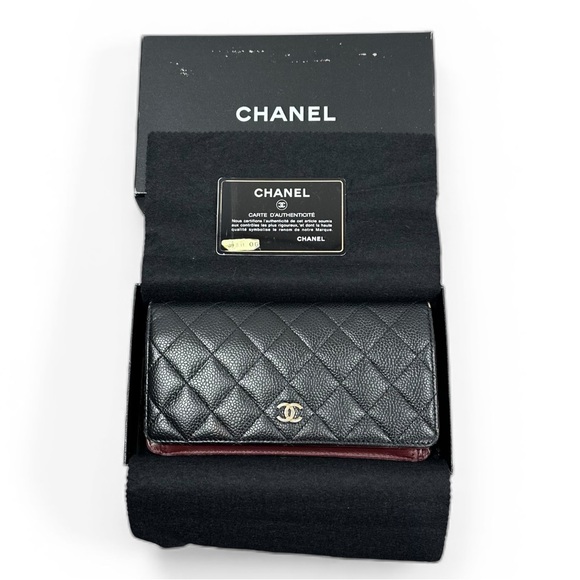 Chanel Black Caviar Quilted & Red Interior Leather Long Wallet with Box & Card